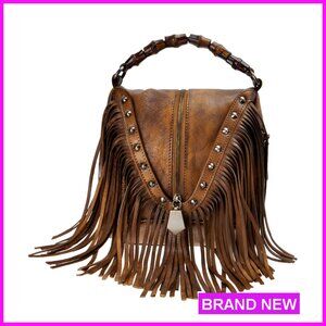 Leather Crossbody Bag Bohemian Tassel Fringe Hand Strap Adjustable Shoulder